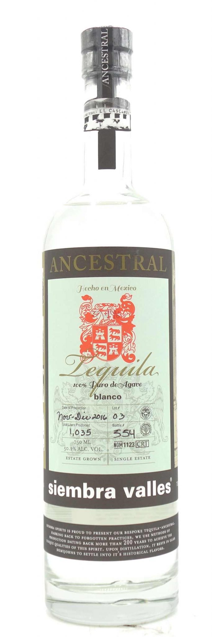 SIEMBRA VALLES ANCESTRAL TEQUILA BLANCO, 100.4 PROOF 750ML