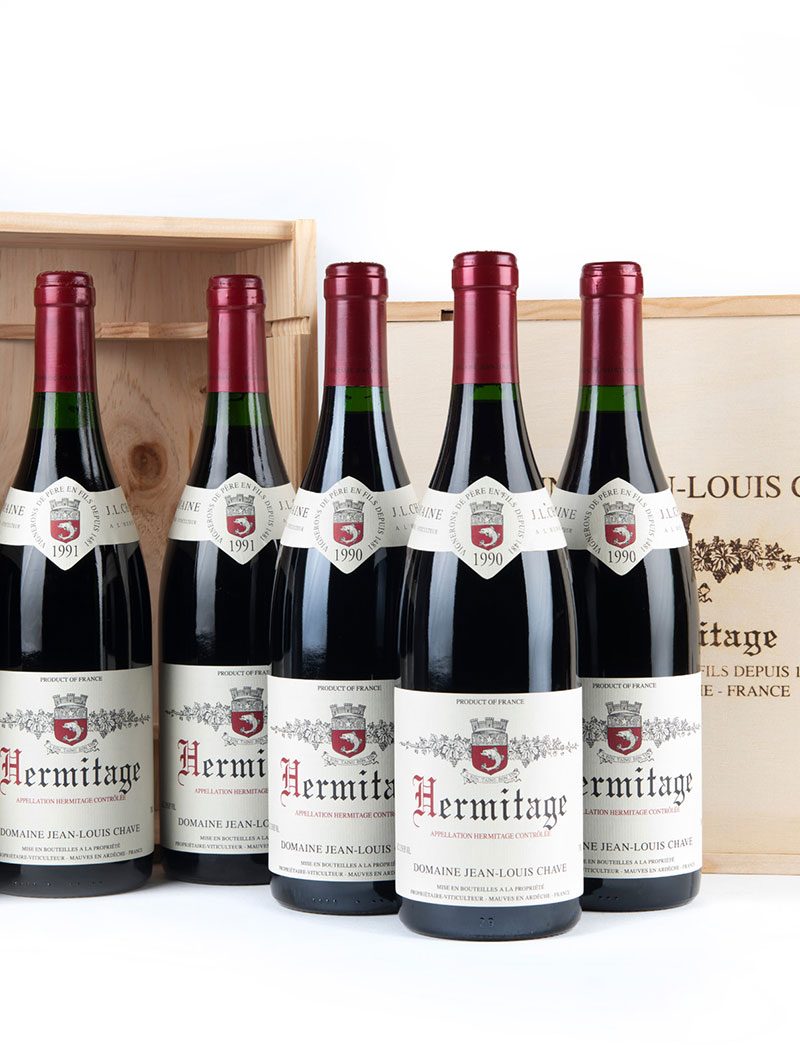 Lot 556, 557: 3 Bottles each 1990 and 1991 J.L. Chave Hermitage in OWC